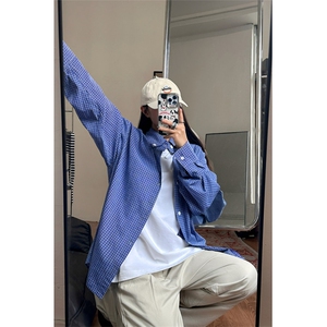 美式复古慵懒宽松蓝格子衬衫女男春秋季新休闲长袖衬衣 CS46图片
