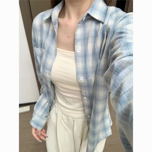 小清新中长蓝色格子长袖衬衫女秋季慵懒风polo领宽松防晒衬衣外套图片