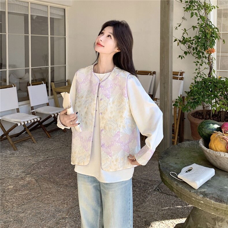 紫色高级感撞色刺绣风马甲小衫套装两件套女早春秋两面穿马夹,女装短外套,艾米莉亚
