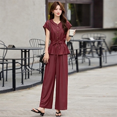 2026年夏季新款薄款牛仔套装女休闲气质收腰短袖阔腿裤两件套，女装套装/套裙，婷轩阁