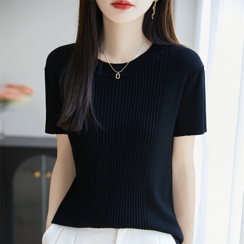设计感小众正肩短袖女t恤夏季新修身短款灰色上衣服,女装T恤,广悦羊绒