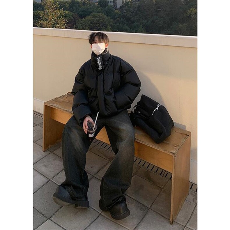现货冬季三防重磅硬挺boxy短款羽绒刺绣立领PU皮棉衣外套加厚棉服,男装棉衣,电商A486-1