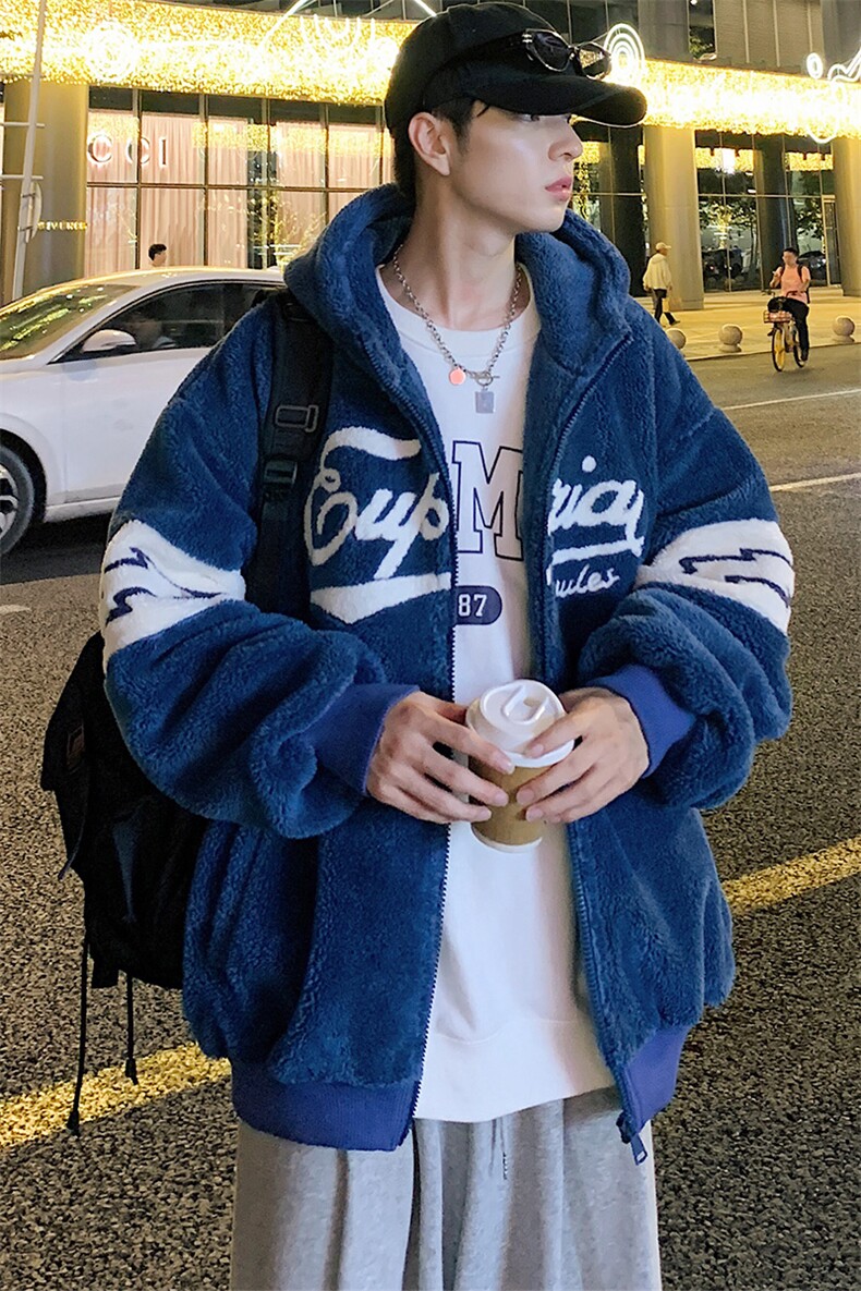 冬款港风学生加绒撞色棉衣羊羔绒连帽外套男女920-P110控价158,男装棉衣,电商A441-1