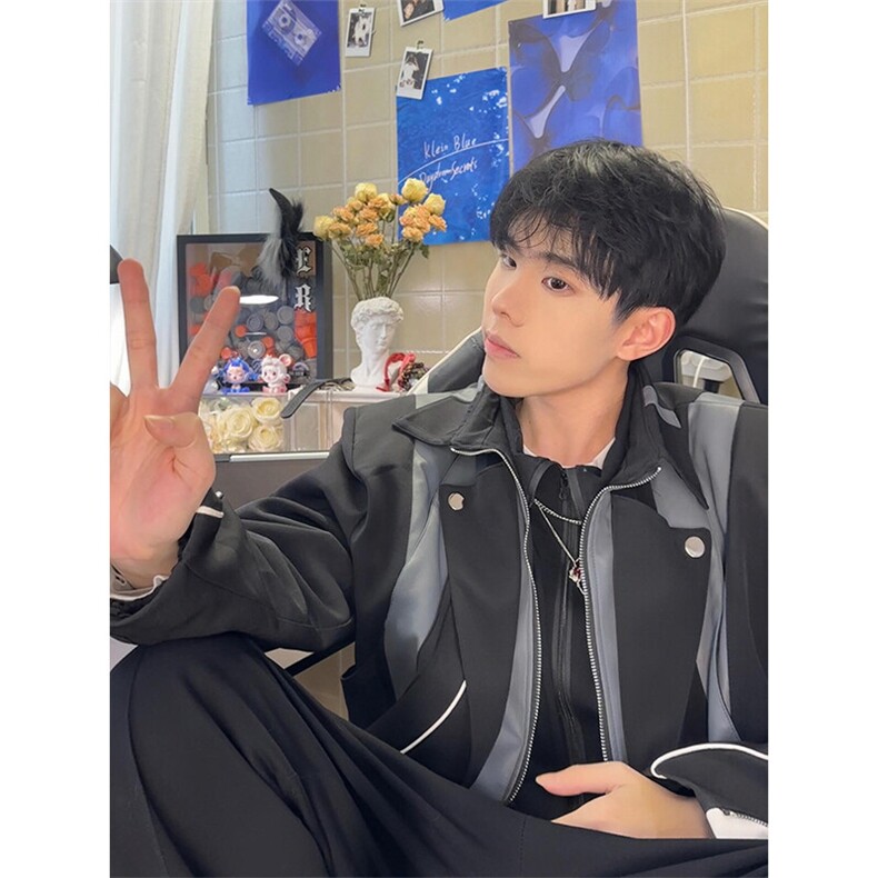 高级感解构层次拼接撞色设计感夹克上衣机车服外套JK3609特P82,男装夹克,星座908-1