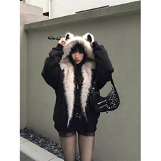 网图座山雕秋冬季连帽猫耳朵棉衣男女情侣装棉服外套潮流特P99，男装棉衣，电商C306-1