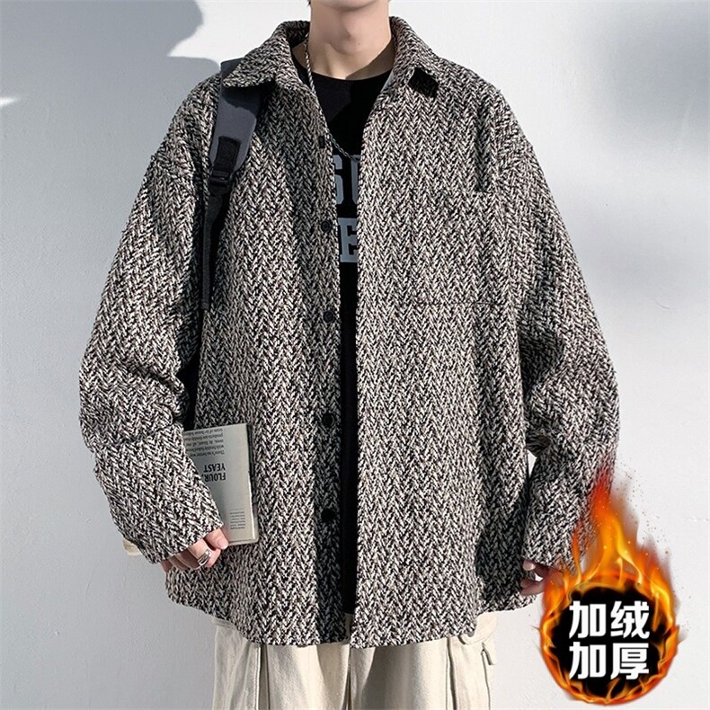 复古小香风外套男士春秋款高级感潮流翻领格子衬衫休闲男夹克图片
