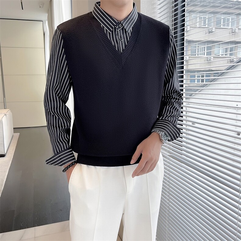 轻熟风~秋冬季假两件衬衫领毛衣男针织打底衫潮流修身衣服M01-P85,男装针织衫/毛衣,电商D323（原B261）