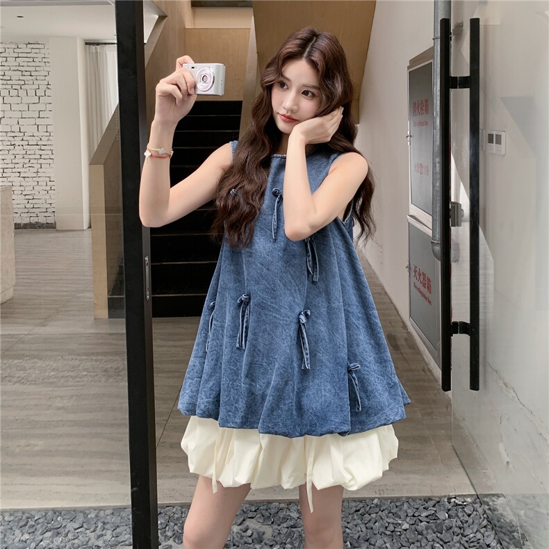 休闲显瘦套装女2025夏季新款法式甜美蝴蝶结背心花苞裙减龄两件套,女装套装/套裙,红龙果