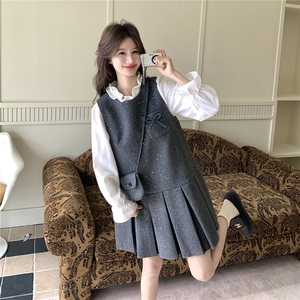 灰色小香风亮片蝴蝶结百褶背心裙新款小个子打底衫两件套连衣裙春图片