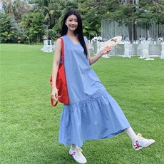 宽松休闲蓝色无袖背心连衣裙女夏2025新款独特漂亮长裙巨好看漂亮，女装连衣裙，2C135