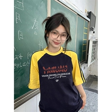 夏季美式高街重磅纯棉三条杠织带插肩撞色男女短袖T恤CZ98-特P25，男装T恤，电商A486