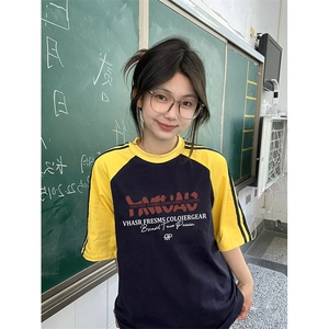 夏季美式高街重磅纯棉三条杠织带插肩撞色男女短袖T恤 CZ98-特P25图片