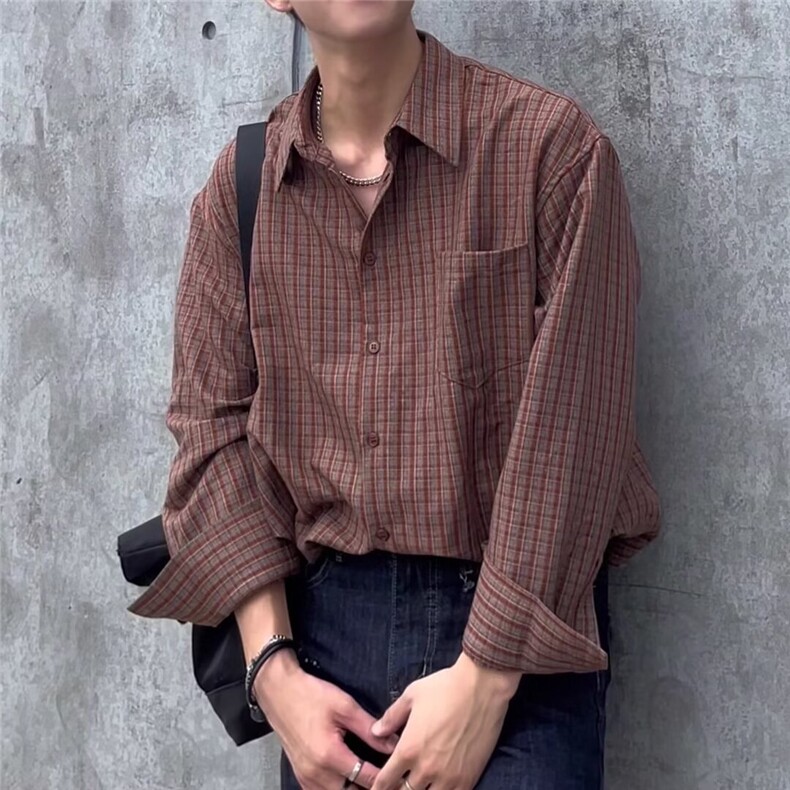 秋冬季简约时尚设计感百搭休闲磨毛复古格子衬衫衬衣外套 C907图片