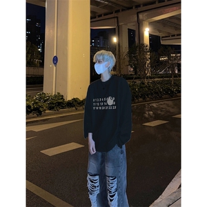 美式复古台球高手黑八印花长袖T恤小领口打底衫图片