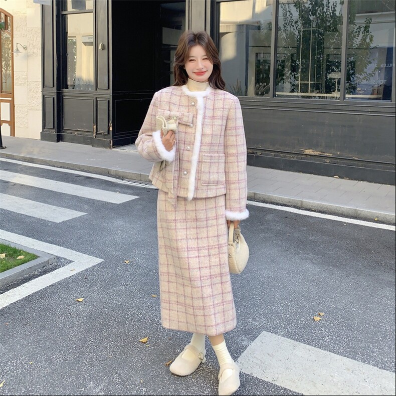 【】时尚潮流粉色格子蝴蝶结羽绒套装K06-P285-K428,女装套装/套裙,2C305