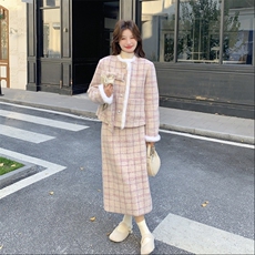 【】时尚潮流粉色格子蝴蝶结羽绒套装K06-P285-K428，女装套装/套裙，2C305