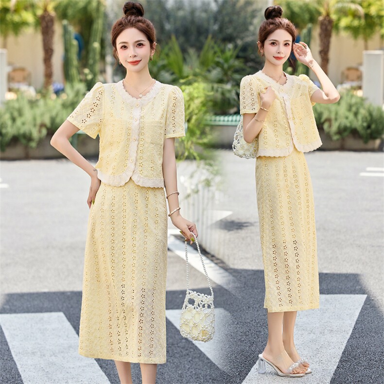 小香风蕾丝套装裙女2025夏季新款气质显瘦刺绣开叉半身裙两件套潮，女装套装/套裙，布芭啦
