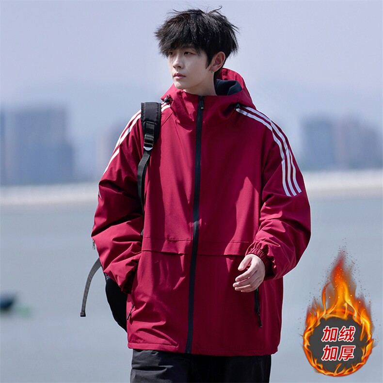 美式复古三条杠立领夹克男秋冬季加绒潮牌宽松拉链情侣开衫外套，男装夹克，星座225-1