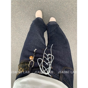 N7051-P47 美式复古辣妹小众设计款豹纹拼接牛仔弯刀裤图片
