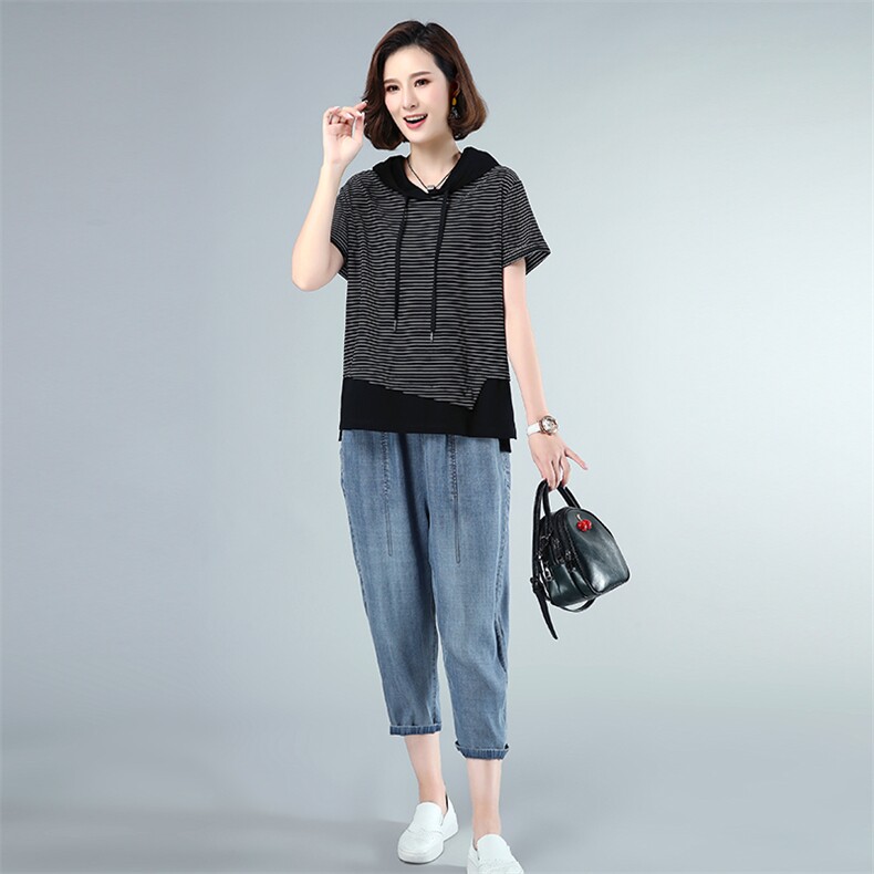 套装/套裙2021年夏季时尚连帽拼接色牛仔裤插袋两件套,女装套装/套裙,独衣靓