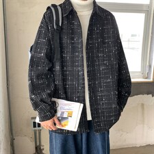 加厚格子衬衫男士潮流宽松高街潮牌秋季呢料休闲衬衣外套DX129P60,男装衬衫,电商B413-1