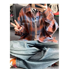 美式复古撞色格子长袖衬衫男宽松慵懒风休闲衬衣外套CD02，男装衬衫，星座1116A-1（原606A）