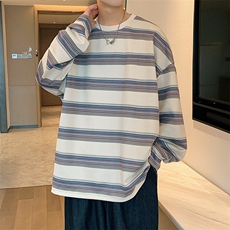港风麂皮绒圆领条纹拼接卫衣男宽松长袖T恤打底衫Y5532P45，男装T恤，星座1204-3