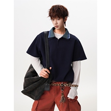 M-8XL美式复古撞色拼接polo衫半拉链短袖t恤大码宽松DX1227/特P40，男装T恤，电商B238