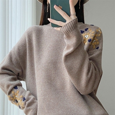秋冬新款重工手工绣花慵懒风毛衣提花100%纯羊毛衫女加厚针织内搭，女装针织衫/毛衣，江南羊绒