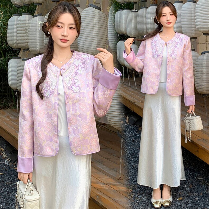 2026年春季新中式高级感g风提花刺绣圆领外套，女装短外套，超帛