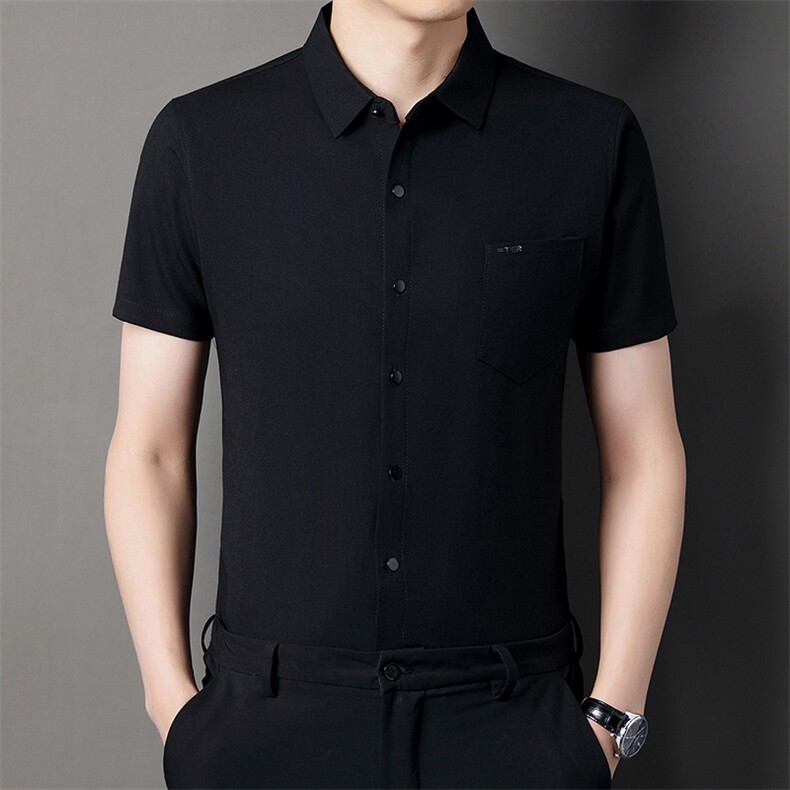 短袖衬衫男翻领纯色上衣服夏季中年男士休闲百搭半袖衬衣爸爸装,男装衬衫,电商B212（原钱塘6029）