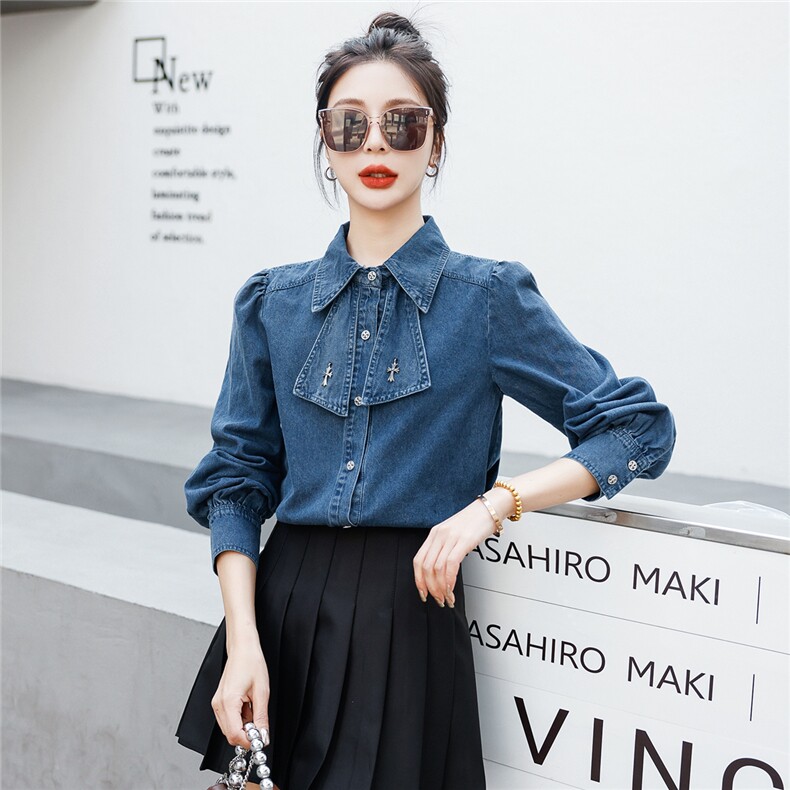长袖常规学院风撞色显瘦牛仔衬衫春秋衬衫欧美风美式气质衬衣蓝色，女装衬衫，微微衣阁