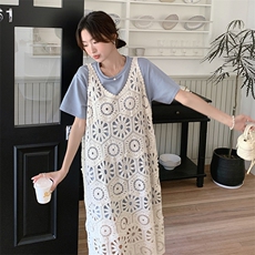 法式复古镂空针织罩衫裙套装女2025夏季新款显瘦甜美T恤裙两件套，女装连衣裙，2C283