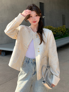 米色高级感国风提花短外套女2025春季新款小个子气质休闲盘扣上衣图片
