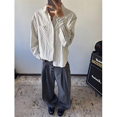 美式潮牌高街复古泡泡纱竖条纹日系肌理长袖衬衫男女休闲宽松衬衣，男装衬衫，电商A443