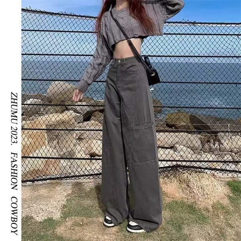 美式复古灰色工装裤女夏季新款高腰宽松阔腿显瘦百搭直筒牛仔裤子,男装牛仔裤,星座813-2