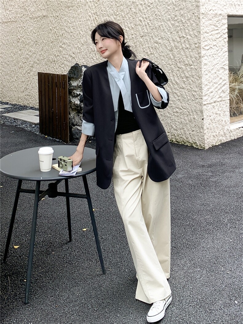 通勤拼接假两件短款西服上衣女春秋超火好看高级小众职业西装外套,女装西装,韩蜜菓