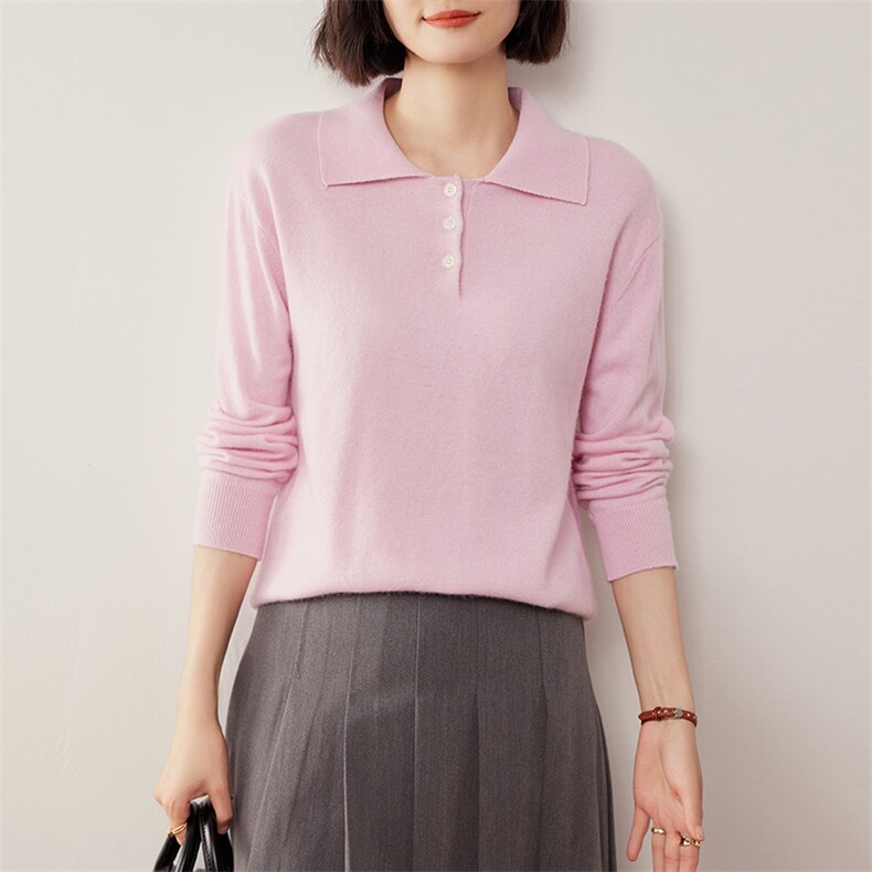 POLO领纯色35%羊绒衫女翻领polo领长袖短款小个子2024年秋季,女装羊绒衫,缇曼羊绒