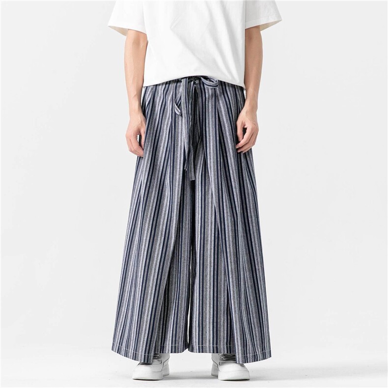 日系山本裤复古粗条纹阔腿裤男宽松直筒风棉麻裙裤D536/P75，男装休闲裤，星座206-1