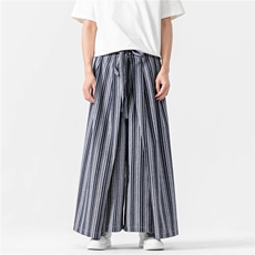 日系山本裤复古粗条纹阔腿裤男宽松直筒风棉麻裙裤D536/P75，男装休闲裤，星座206-1