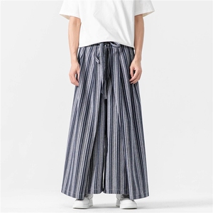 日系山本裤复古粗条纹阔腿裤男宽松直筒风棉麻裙裤 D536/P75，男装休闲裤，星座206-1