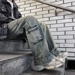 美式复古高街vibe做旧口袋工装牛仔裤男女直筒微喇CK1007-P50图片