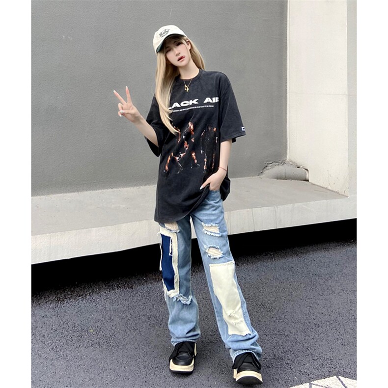 B221 美式ins高街小众个性拼接宽松破洞牛仔裤 LK23099-P65 控88图片