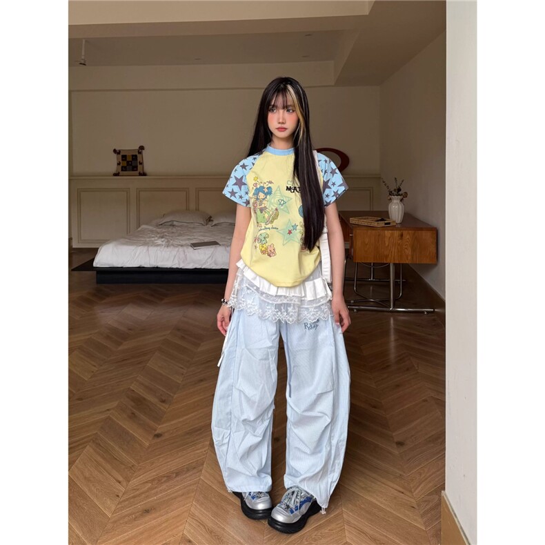 美式街头条纹弯刀裤女2025超火夏装新款垂感宽松百搭阔腿休闲裤子,男装休闲裤,星座506A