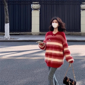 奶fufu慵懒风毛衣女秋冬圆领套头内搭水貂毛宽松撞色条纹上衣日系图片