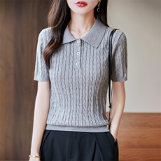 polo领新款针织女短袖纯色简约百搭宽松套头上衣，女装针织衫/毛衣，丹芙娇羊绒