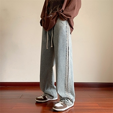 牛仔裤男港风毛边直筒裤宽松美式复古休闲牛仔裤CK2333-P45控78，男装牛仔裤，星座717