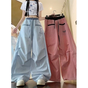 夏日多巴胺休闲裤女韩系格子褶皱感工装裤夏宽松弯刀裤GA8032 P50图片