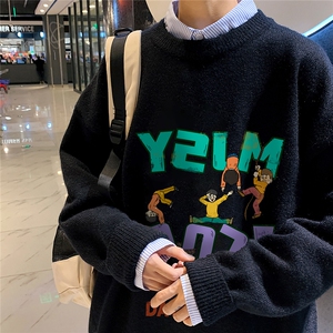 1港风圆领中性情侣潮流大码M-5XL印花毛衣男外套7698P48加绒P55图片