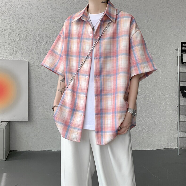 8XL-M格子短袖衬衫男夏季薄款DK制服衬衣JK学院风半袖外套DC28004,男装T恤,电商B312